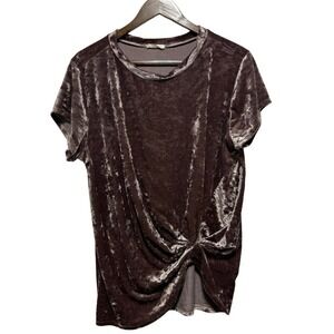 Hummingbird Top Womens L Brown Crushed Velvet Short Sleeve Stretch Knot Front